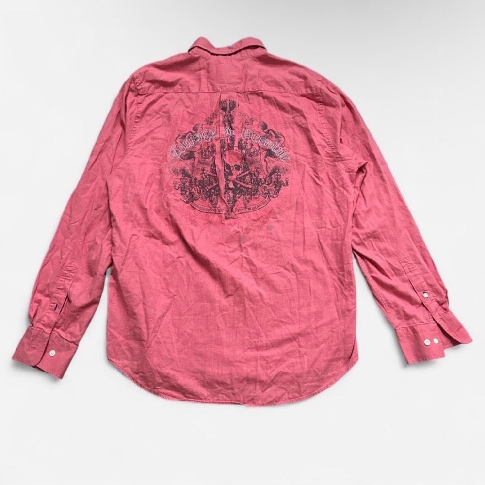 Express Men's Long-Sleeve Button-Down Shirt in Pink with Back Graphic